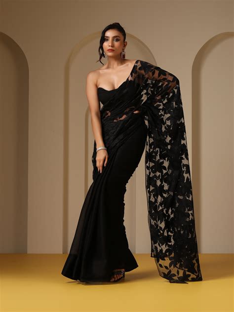 Buy Night Bird Net and Chiffon Saree with Blouse fabric & Lace Online