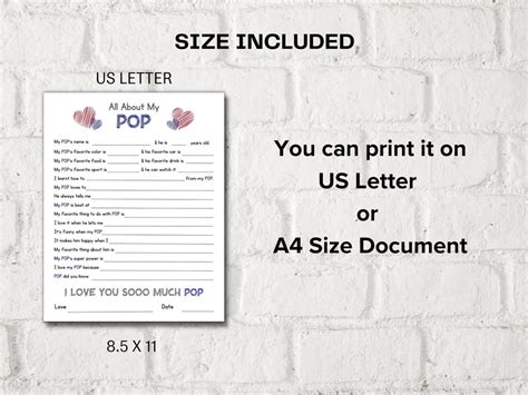 All about my Pop Fill in the blanks Questionnaire Father's Day Gift I ...