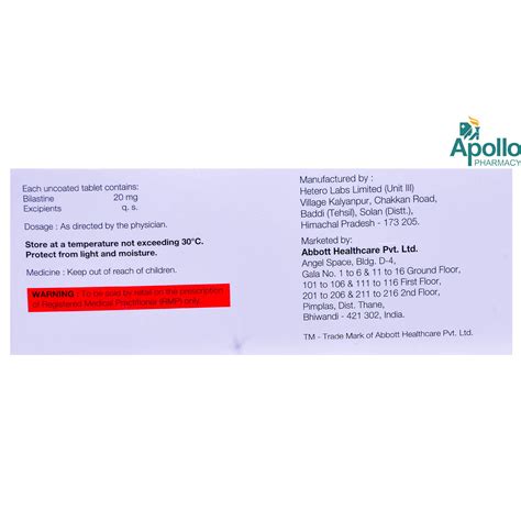 Bilazest 20 Tablet 10's Price, Uses, Side Effects, Composition - Apollo ...