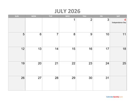 July 2026 Printable Calendar: Plan Your Summer — Calendars 123