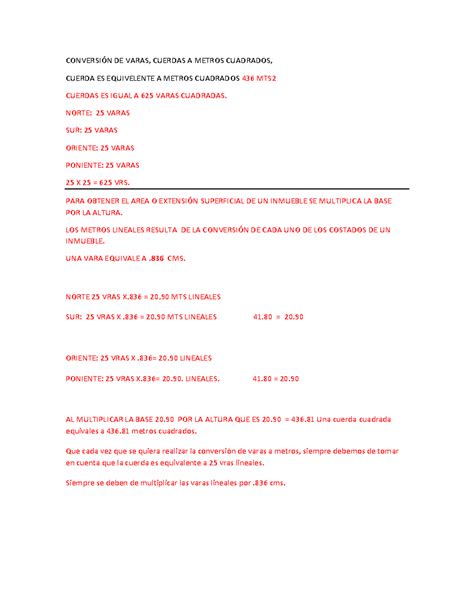 Conversión de Varas a Metros Cuadrados y Cuerdas: Guía Práctica - Studocu