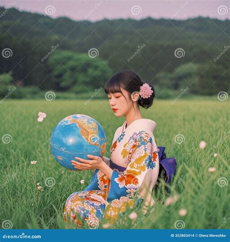 Girl in Japanese Costume Holding Globe Editorial Stock Image ...