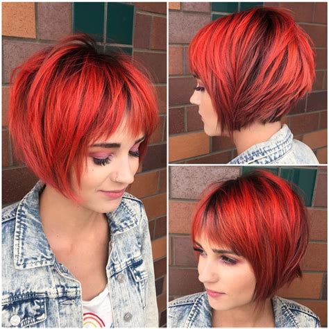 Choppy Red Graduated Bob with Fringe Bangs and Black Shadow Roots - The ...