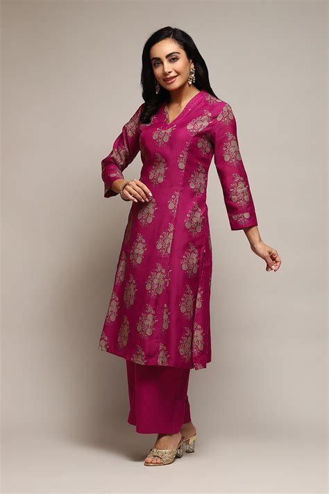 Magenta Cotton Blend A-Line Printed Kurta Palazzo Suit Set at Biba India
