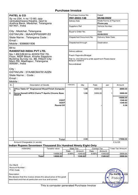 Invoice - Great note - Purchase Invoice PATEL & CO Sy no 234, h no 13 ...