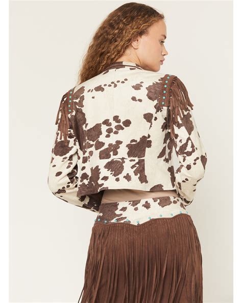 Shyanne Women's Porter Cow Print Faux Suede Embellished Fringe Moto Jacket, Brown