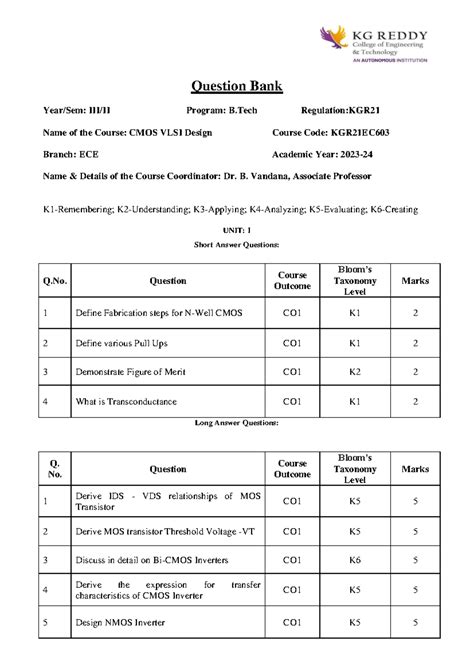 CMOS VLSI Design Question Bank: KGR21EC603 - Short & Long Answers - Studocu