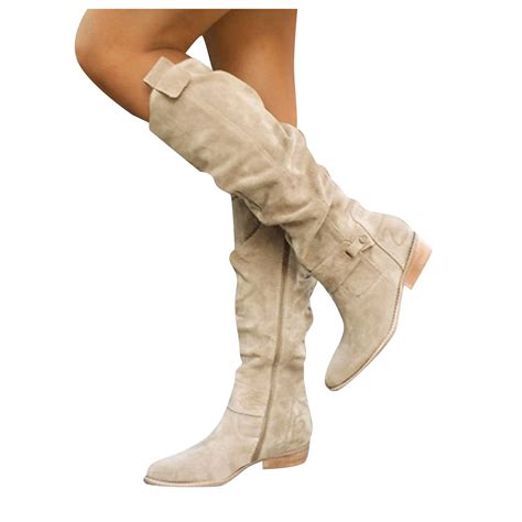 Oyedens Slouchy Knee High Cowboy Boots for Women Fashion Suede Low Heel ...