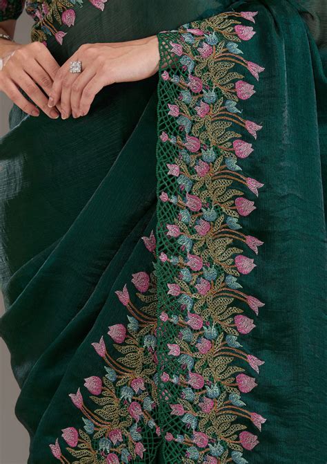 Buy Bottle Green Threadwork Tissue Saree - Koskii
