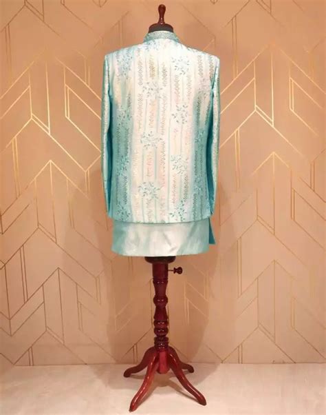 Sky Blue Raw Silk Embellished work Kurta Jacket Set – South India ...