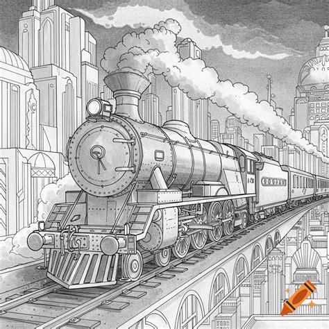 Highly detailed hand-drawn black and white scene of a train moving at ...