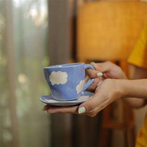 Buy Sustainable Handicrafted Cloud Cup Plate Blue on Brown Living™