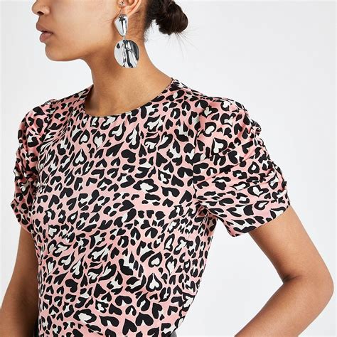 Pink leopard print puff sleeve T-shirt - Blouses - Tops - women | Pink ...