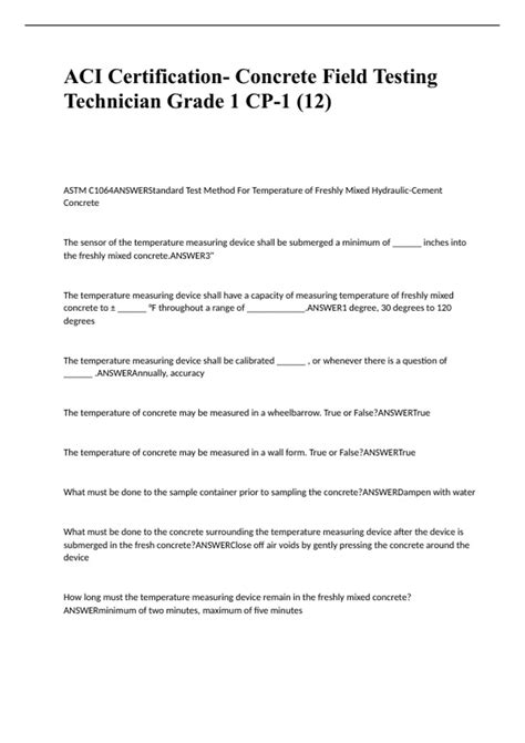 ACI Certification- Concrete Field Testing Technician Grade 1 CP-1 (12 ...