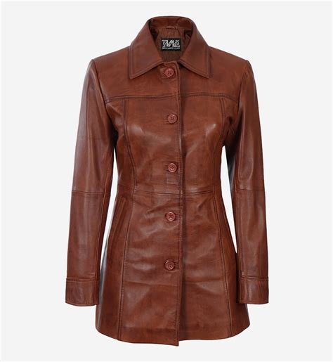 Women's 3/4 Length Collar Cognac Waxed Leather Coat - Marko Woolen Leather