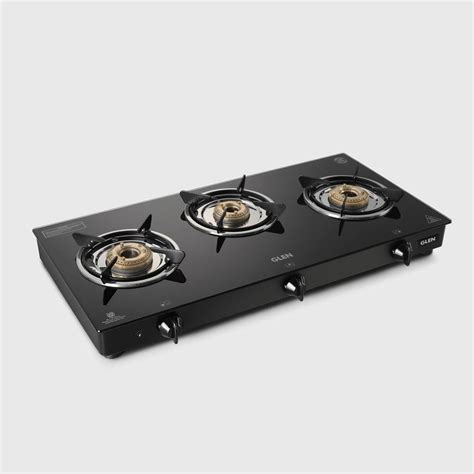 Glen 3 Burner Toughened Glass Top | Brass Burners | Black | Auto ...