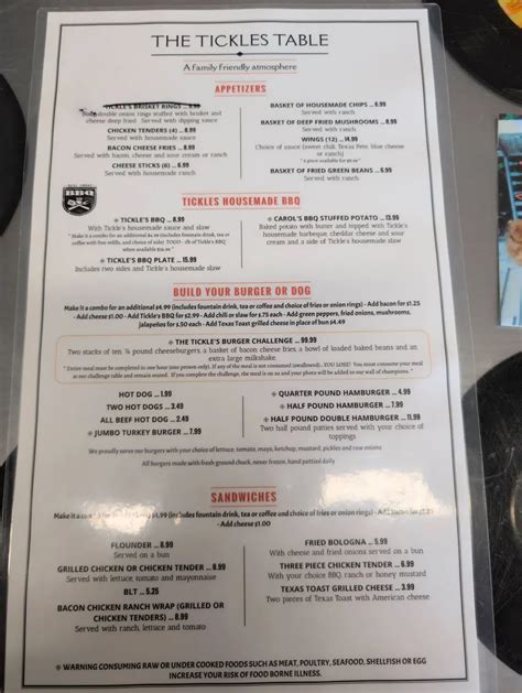 Tickles Table Menu - Updated October 2025