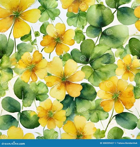 Seamless Pattern with Watercolor Clover and Yellow Flowers. Hand Drawn ...
