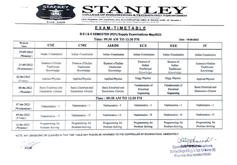 📃BE Autonomous 1st, 2nd, 3rd Sem supply Timetable May 2023