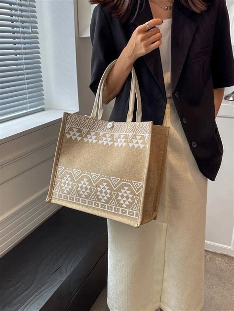 Embroidered Geometric Pattern Shopper Bag For Business/Commute/Work ...