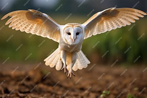 Premium Photo | Barn owl in flight before attacking low over the ground ...