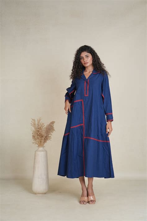 Navy Blue and Red Cotton Poplin Victoria Dress