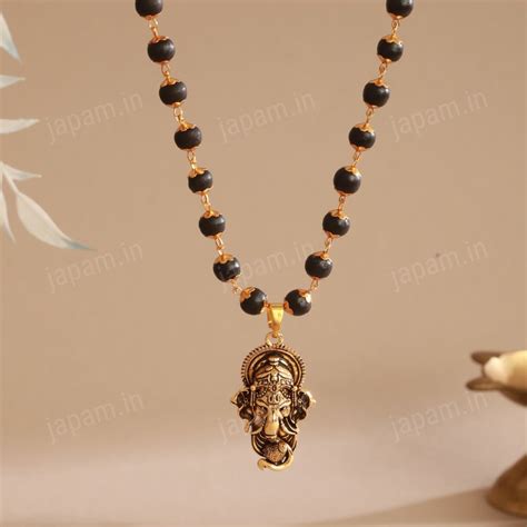 Gold Plated Karungali Necklace with Lord Ganesha Pendant – Japam