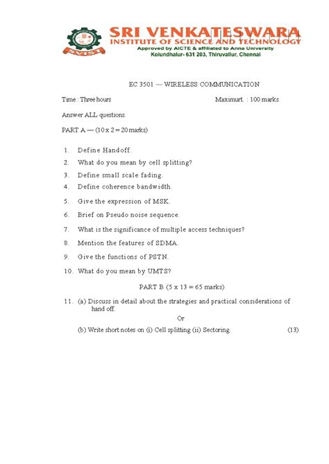 Wireless Communication - EC3501 model exam paper - EC 3501 — WIRELESS ...