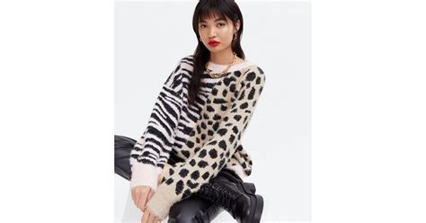 Blue Vanilla Brown Mixed Animal Print Fluffy Jumper | New Look
