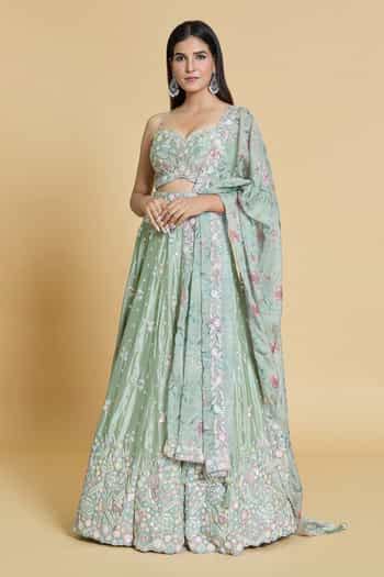 Buy Green Silk, Chiffon, Organza Cut Work, Sequins, Embroidery Cutdana ...