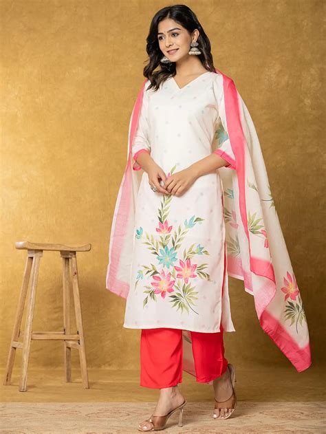 Cream Linen Floral Kurta Dupatta Pant Set – Yufta Store