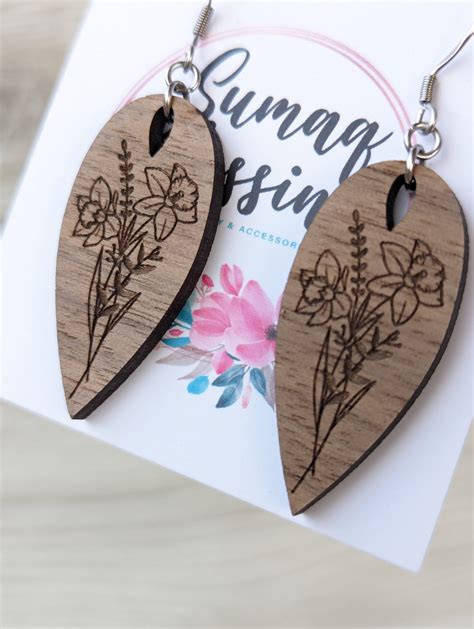 Birth Flower Earrings . Birth Flower Wood Earrings . Birth Flower Gifts ...