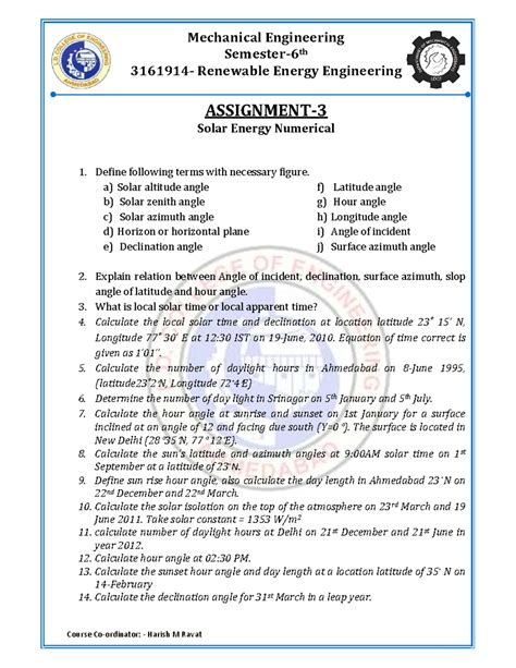 3161914 - Renewable Energy Engineering: Assignment 3 on Solar ...