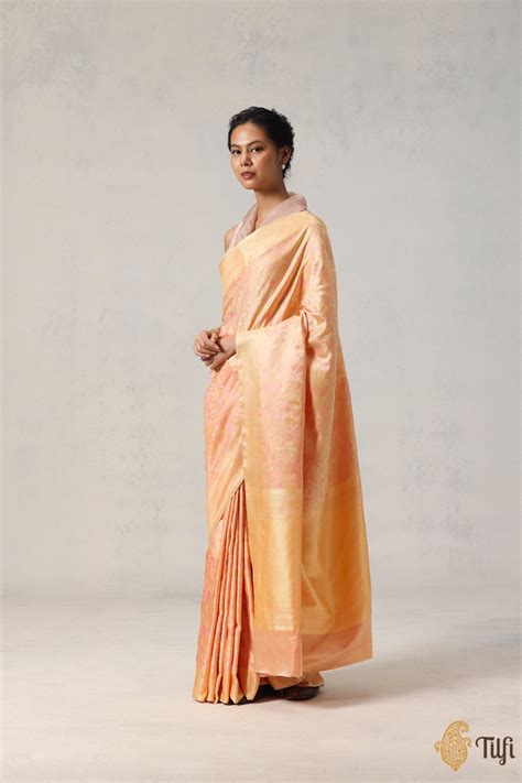 Pale Yellow Pure Satin Silk Banarasi Tanchoi Handloom Saree - Tilfi