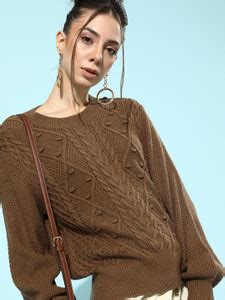 STREET9 Self Design Round Neck Casual Women Brown Sweater - Buy STREET9 ...
