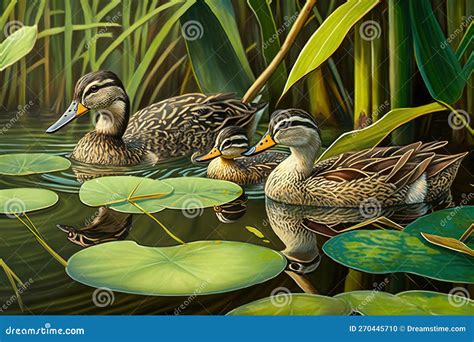 A Painting of Two Ducks in a Pond with Lily Pads. Stock Illustration ...