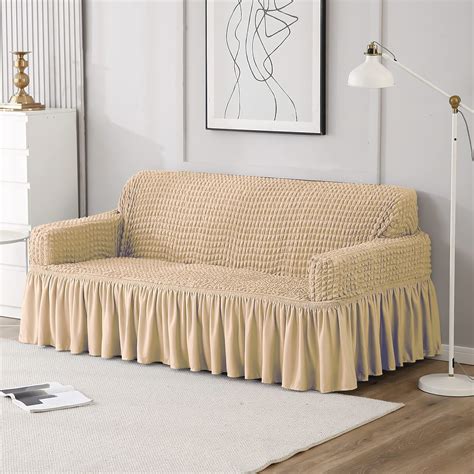 Elastic StretchableFrill 3 Seater Sofa Cover-Cream – CORTINA