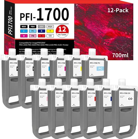Amazon.com: PFI-1700 Pigment Ink Tank 700ml 12-Pack (MBK BK C M Y R GY ...
