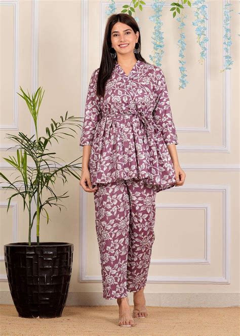 Designer Lavender Printed Cotton Co-Ord set for Women with belt ...