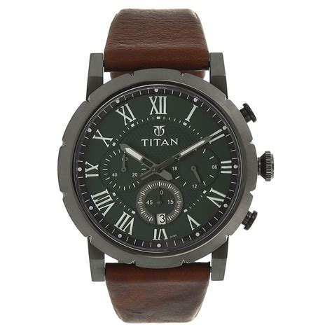 Buy Online Titan Quartz Analog with Date Green Dial Leather Strap Watch ...