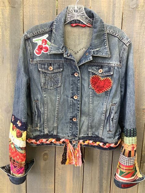 Embellished denim jean jacket, Cherries and Hearts, Boho, Hippie jean ...