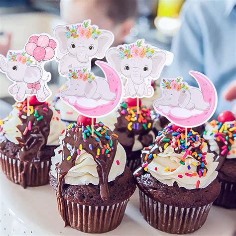 Buy 36 PCS Pink Elephant Cupcake Toppers with Balloon Wreath Moon ...