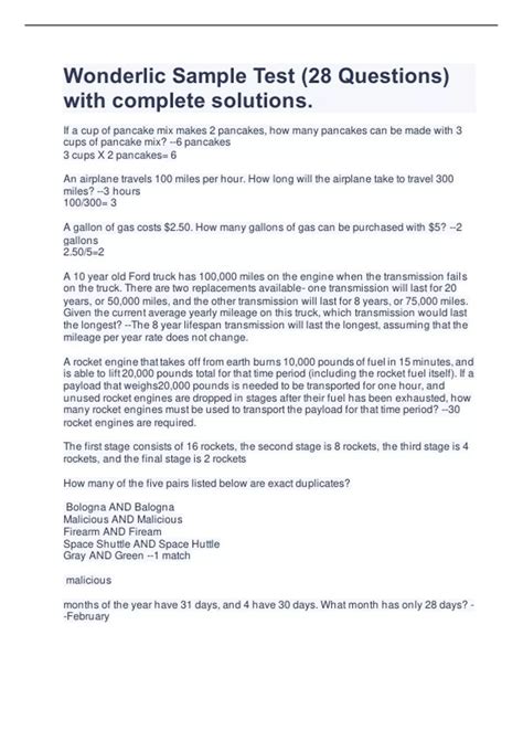 Wonderlic Sample Test (28 Questions) with complete solutions | Latest ...