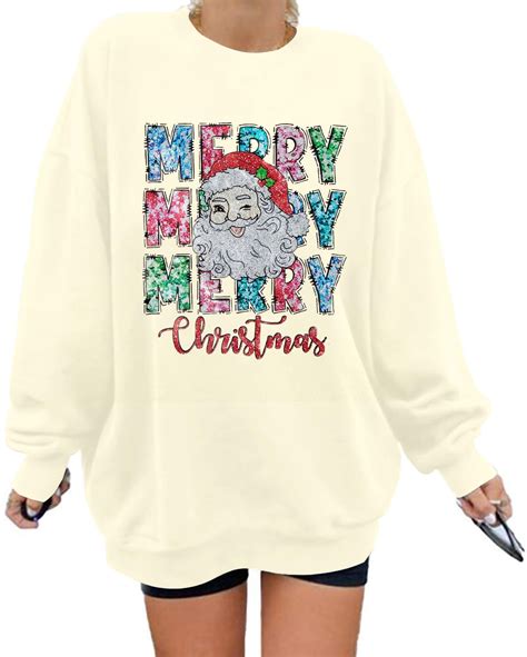 VILOVE Merry Christmas Sweatshirts for Women Santa Claus Print Long ...