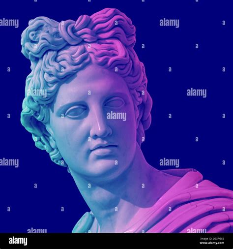 Statue of of Apollo God of Sun. Creative concept colorful neon image ...