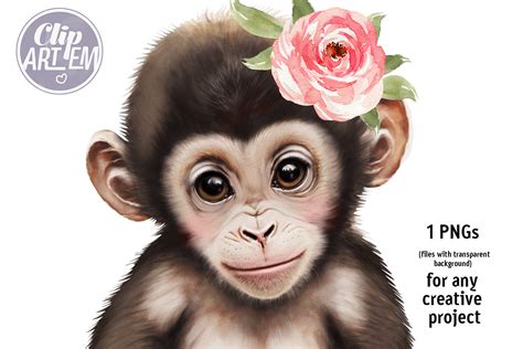 Baby Girl Monkey with Flower ClipArt PNG Graphic by clipArtem ...
