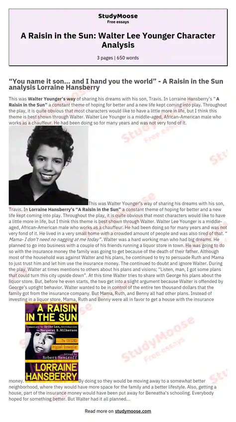 A Raisin in the Sun: Walter Lee Younger Character Analysis Free Essay ...