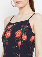 Berrylush Women Navy Blue & Orange Floral Printed Square Neck Flared F