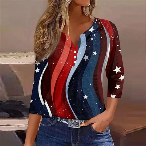 4th Of July Women's Shirts Red Blue and White Tie Dye 3/4 Sleeve Blouse ...