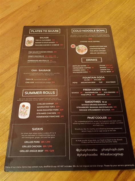Menu at Phat Pho restaurant, Cebu City, 8WH5+8MF